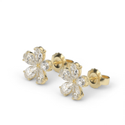 Yellow Gold Pear Shaped Diamond Floral Inspired Earrings With Prong Setting.